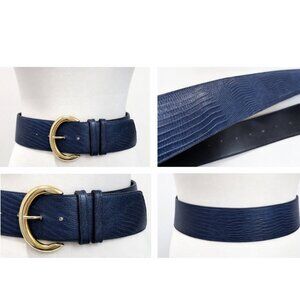 Navy Blue Leather Belt Gold Buckle Textured Animal Pattern Classic Wide